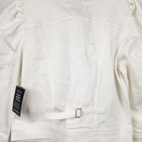 Retrofete Ada Denim Jacket White Puff Sleeve Size XL NWT Gold Tone Buttons - Picture 6 of 9